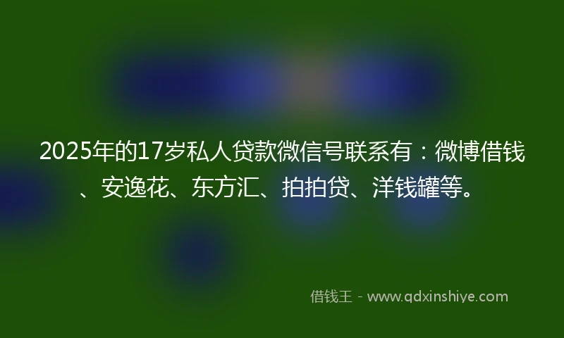 2025年的17岁私人贷款微信号联系有：微博借钱、安逸花、东方汇、拍拍贷、洋钱罐等。