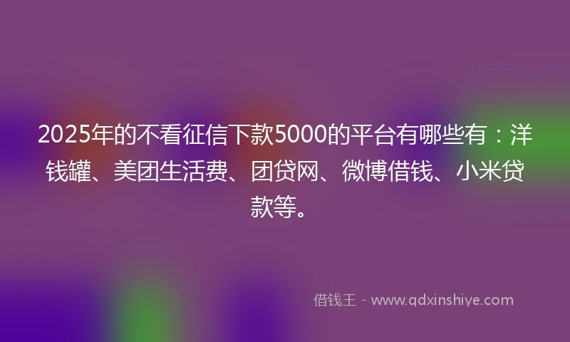2025年的不看征信下款5000的平台有哪些有：洋钱罐、美团生活费、团贷网、微博借钱、小米贷款等。