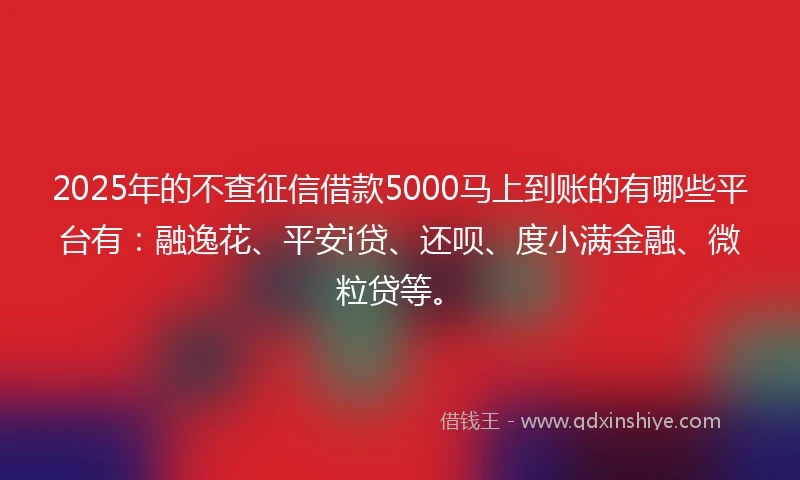 2025年的不查征信借款5000马上到账的有哪些平台有：融逸花、平安i贷、还呗、度小满金融、微粒贷等。