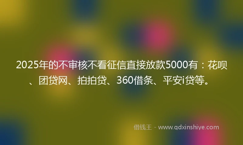2025年的不审核不看征信直接放款5000有：花呗、团贷网、拍拍贷、360借条、平安i贷等。