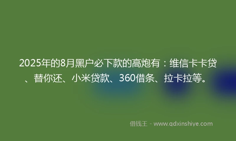 2025年的8月黑户必下款的高炮有：维信卡卡贷、替你还、小米贷款、360借条、拉卡拉等。