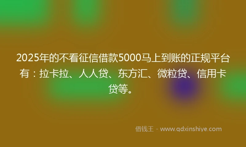 2025年的不看征信借款5000马上到账的正规平台有:拉卡拉、人人贷、东方汇、微粒贷、信用卡贷等。
