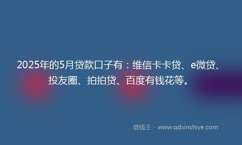 2025年的5月贷款口子有:维信卡卡贷、e微贷、投友圈、拍拍贷、百度有钱花等。