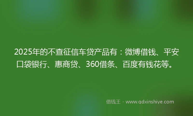 2025年的不查征信车贷产品有：微博借钱、平安口袋银行、惠商贷、360借条、百度有钱花等。
