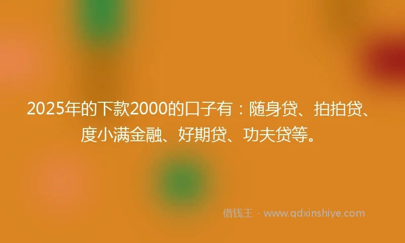2025年的下款2000的口子有：随身贷、拍拍贷、度小满金融、好期贷、功夫贷等。