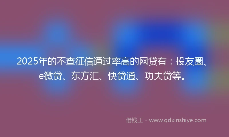 2025年的不查征信通过率高的网贷有：投友圈、e微贷、东方汇、快贷通、功夫贷等。