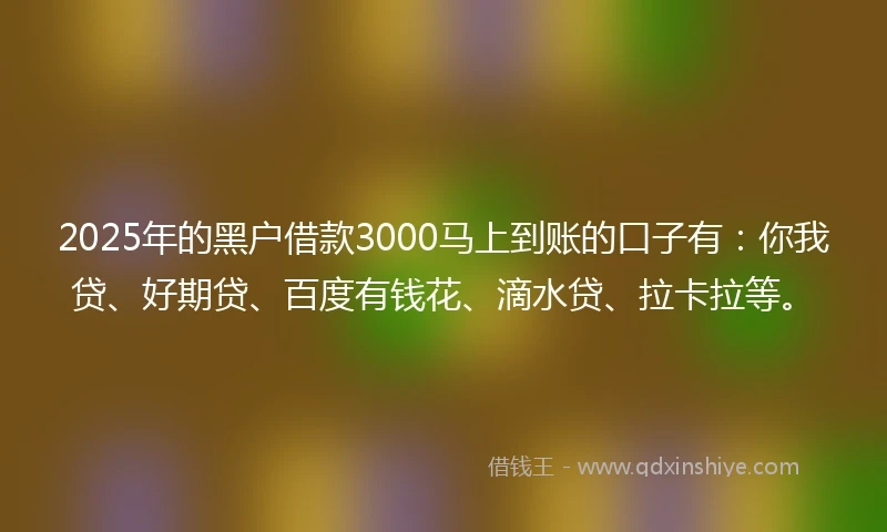 2025年的黑户借款3000马上到账的口子有：你我贷、好期贷、百度有钱花、滴水贷、拉卡拉等。