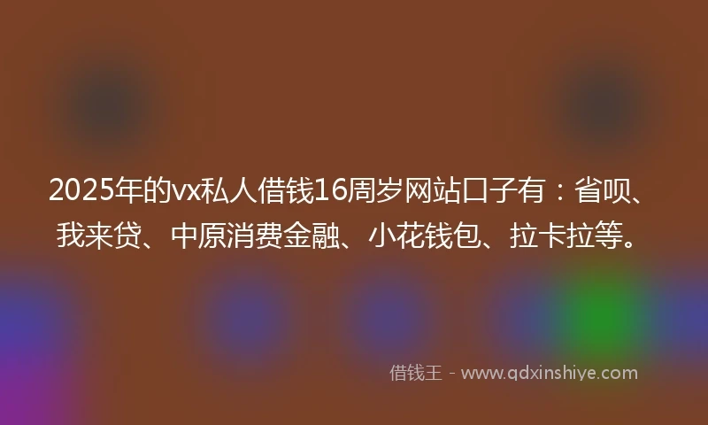 2025年的vx私人借钱16周岁网站口子有：省呗、我来贷、中原消费金融、小花钱包、拉卡拉等。