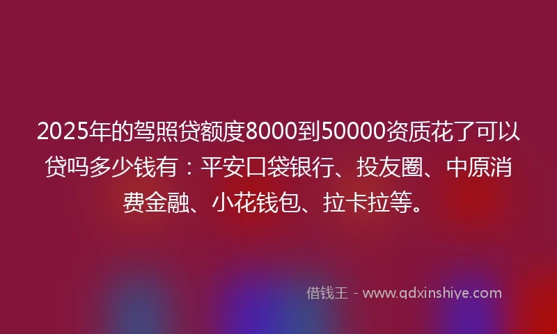 2025年的驾照贷额度8000到50000资质花了可以贷吗多少钱有：平安口袋银行、投友圈、中原消费金融、小花钱包、拉卡拉等。