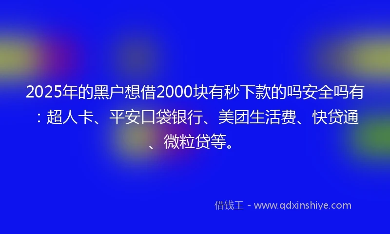 2025年的黑户想借2000块有秒下款的吗安全吗有：超人卡、平安口袋银行、美团生活费、快贷通、微粒贷等。