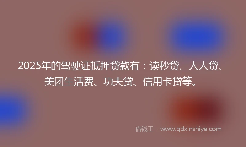 2025年的驾驶证抵押贷款有：读秒贷、人人贷、美团生活费、功夫贷、信用卡贷等。
