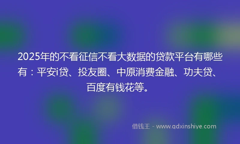 2025年的不看征信不看大数据的贷款平台有哪些有：平安i贷、投友圈、中原消费金融、功夫贷、百度有钱花等。