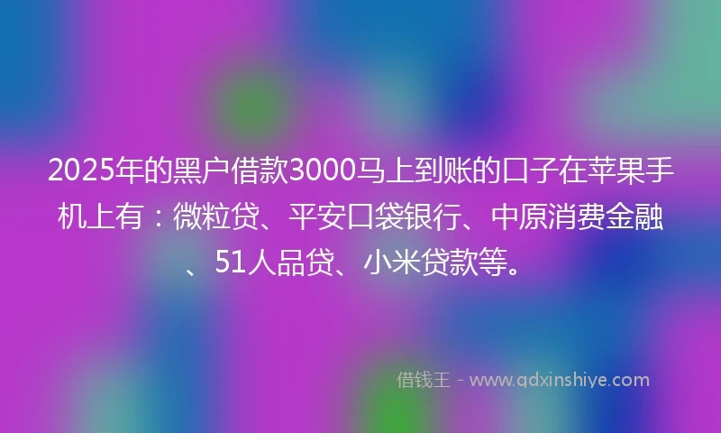 2025年的黑户借款3000马上到账的口子在苹果手机上有：微粒贷、平安口袋银行、中原消费金融、51人品贷、小米贷款等。