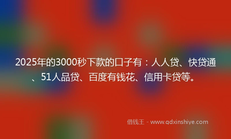 2025年的3000秒下款的口子有：人人贷、快贷通、51人品贷、百度有钱花、信用卡贷等。