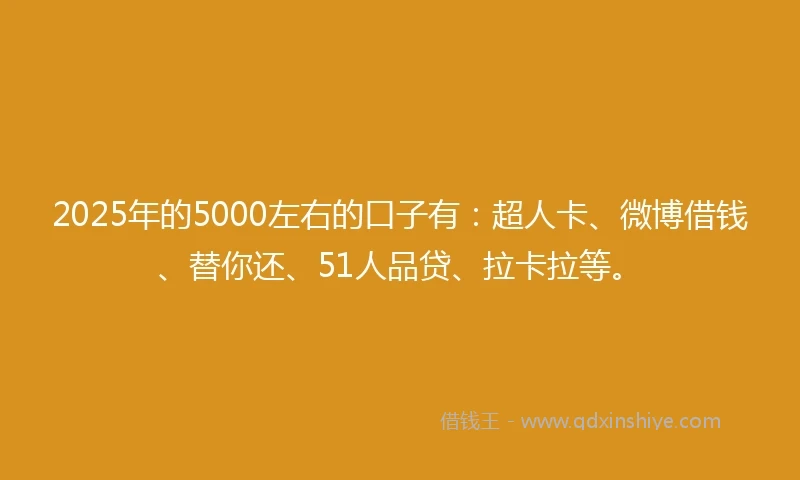 2025年的5000左右的口子有：超人卡、微博借钱、替你还、51人品贷、拉卡拉等。