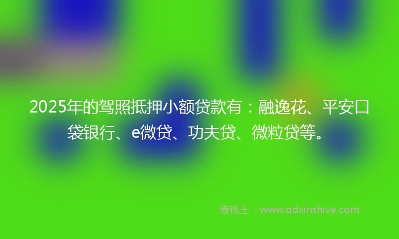 2025年的驾照抵押小额贷款有：融逸花、平安口袋银行、e微贷、功夫贷、微粒贷等。