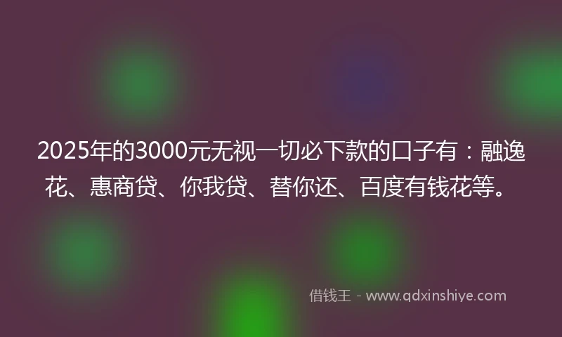 2025年的3000元无视一切必下款的口子有：融逸花、惠商贷、你我贷、替你还、百度有钱花等。
