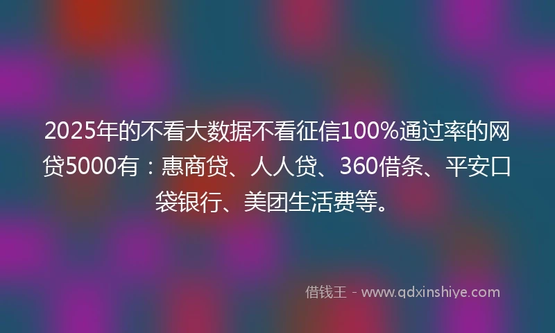 2025年的不看大数据不看征信100%通过率的网贷5000有：惠商贷、人人贷、360借条、平安口袋银行、美团生活费等。