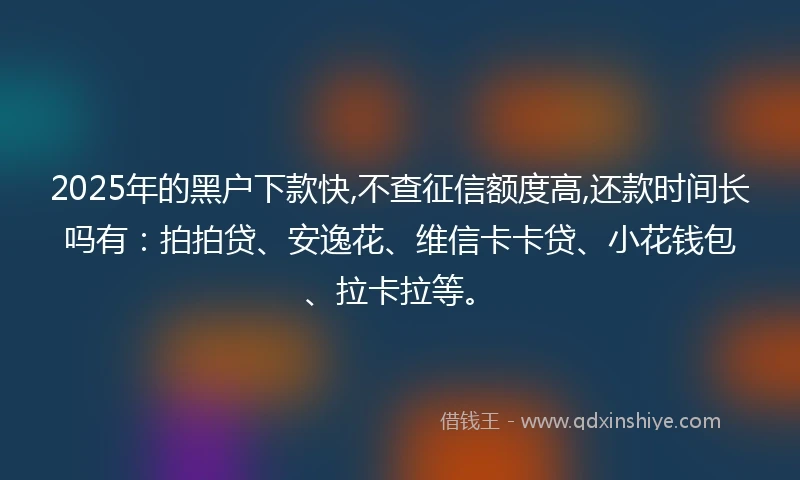 2025年的黑户下款快,不查征信额度高,还款时间长吗有：拍拍贷、安逸花、维信卡卡贷、小花钱包、拉卡拉等。