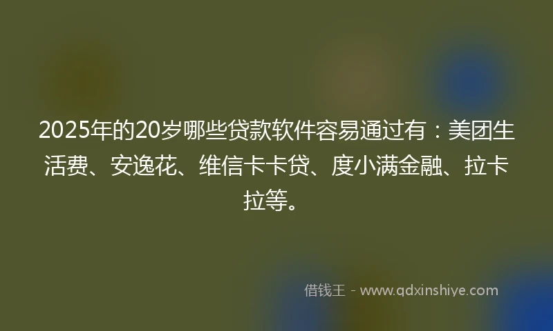 2025年的20岁哪些贷款软件容易通过有:美团生活费、安逸花、维信卡卡贷、度小满金融、拉卡拉等。