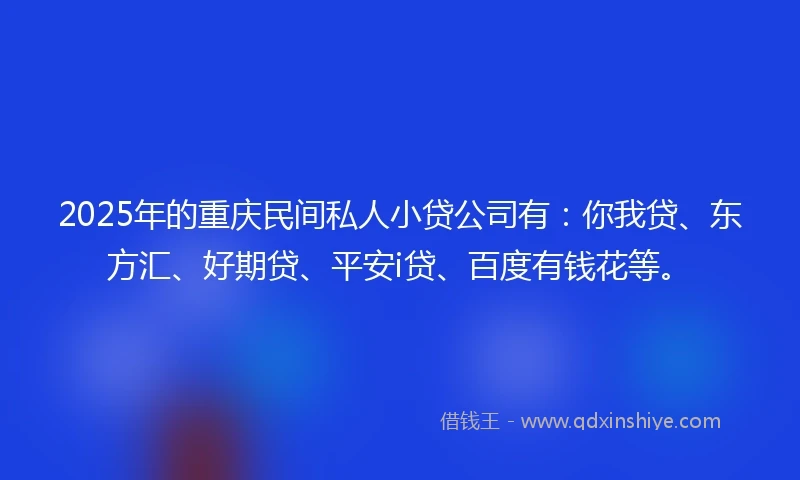2025年的重庆民间私人小贷公司有:你我贷、东方汇、好期贷、平安i贷、百度有钱花等。