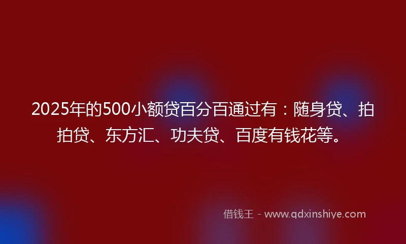 2025年的500小额贷百分百通过有：随身贷、拍拍贷、东方汇、功夫贷、百度有钱花等。