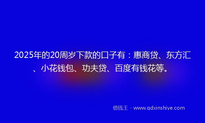 2025年的20周岁下款的口子有:惠商贷、东方汇、小花钱包、功夫贷、百度有钱花等。