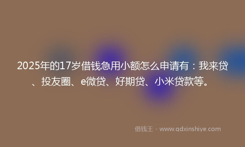 2025年的17岁借钱急用小额怎么申请有：我来贷、投友圈、e微贷、好期贷、小米贷款等。
