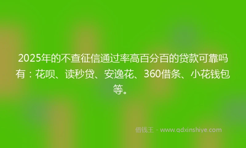 2025年的不查征信通过率高百分百的贷款可靠吗有：花呗、读秒贷、安逸花、360借条、小花钱包等。
