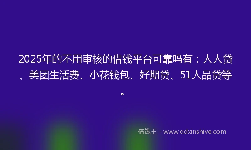 2025年的不用审核的借钱平台可靠吗有：人人贷、美团生活费、小花钱包、好期贷、51人品贷等。