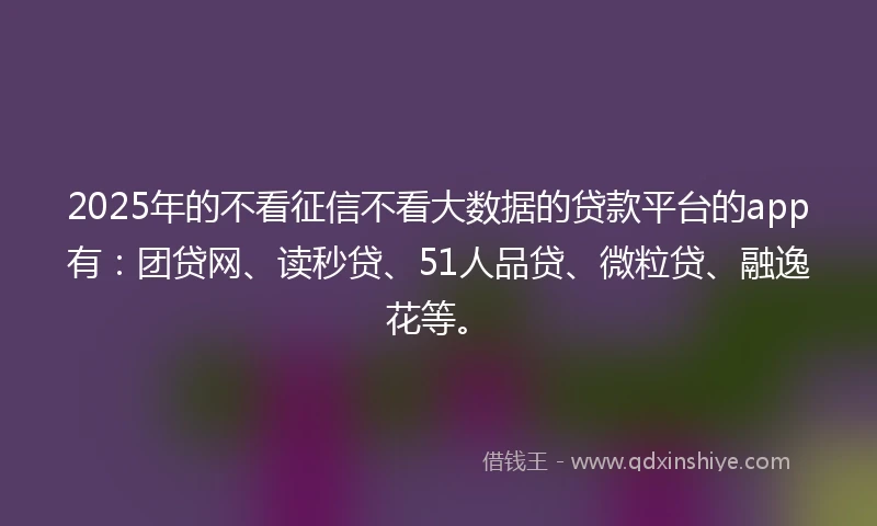 2025年的不看征信不看大数据的贷款平台的app有:团贷网、读秒贷、51人品贷、微粒贷、融逸花等。