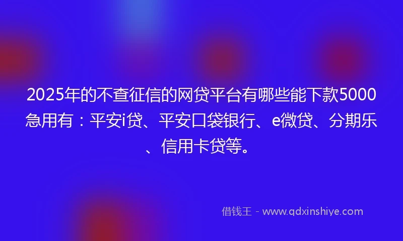 2025年的不查征信的网贷平台有哪些能下款5000急用有:平安i贷、平安口袋银行、e微贷、分期乐、信用卡贷等。