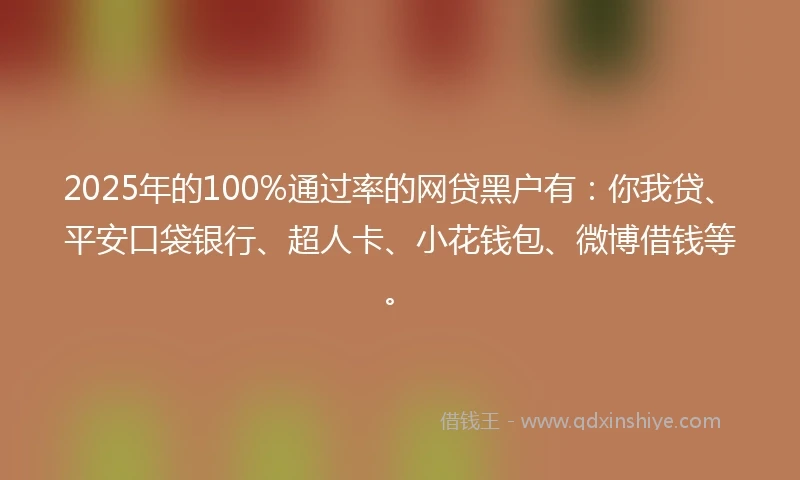 2025年的100%通过率的网贷黑户有：你我贷、平安口袋银行、超人卡、小花钱包、微博借钱等。