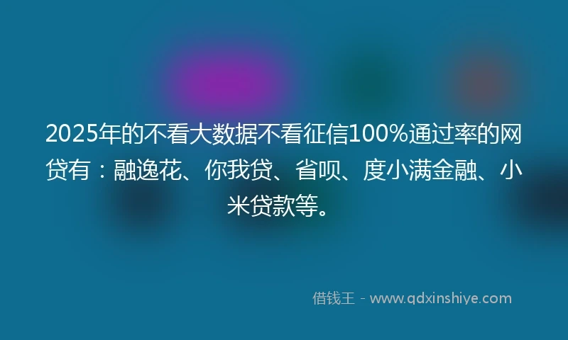 2025年的不看大数据不看征信100%通过率的网贷有：融逸花、你我贷、省呗、度小满金融、小米贷款等。