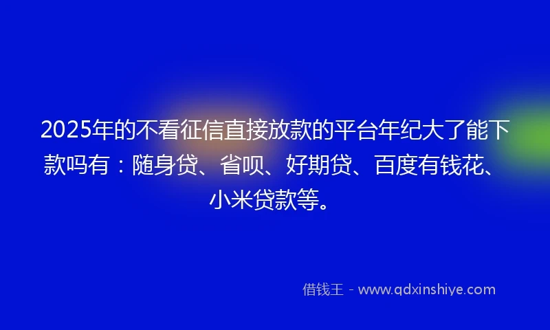 2025年的不看征信直接放款的平台年纪大了能下款吗有：随身贷、省呗、好期贷、百度有钱花、小米贷款等。