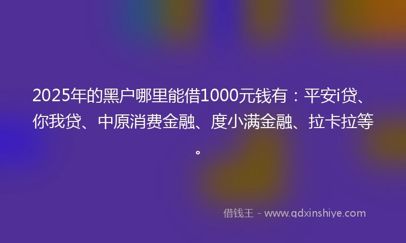 2025年的黑户哪里能借1000元钱有:平安i贷、你我贷、中原消费金融、度小满金融、拉卡拉等。