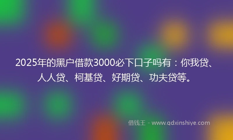 2025年的黑户借款3000必下口子吗有：你我贷、人人贷、柯基贷、好期贷、功夫贷等。