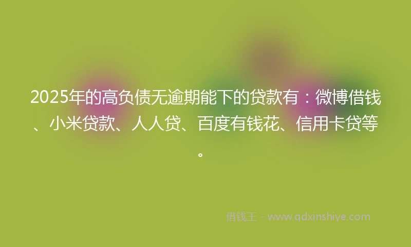 2025年的高负债无逾期能下的贷款有：微博借钱、小米贷款、人人贷、百度有钱花、信用卡贷等。