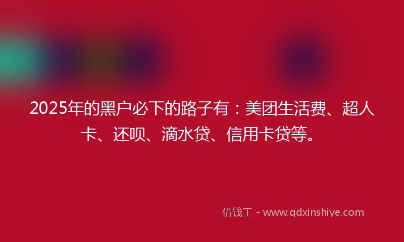 2025年的黑户必下的路子有：美团生活费、超人卡、还呗、滴水贷、信用卡贷等。