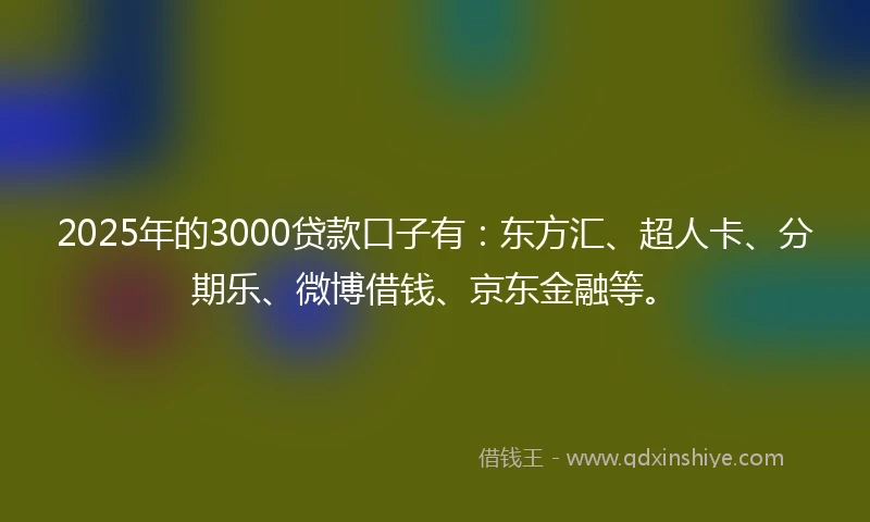 2025年的3000贷款口子有：东方汇、超人卡、分期乐、微博借钱、京东金融等。