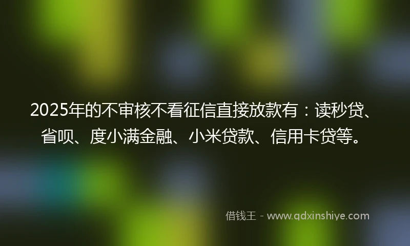 2025年的不审核不看征信直接放款有：读秒贷、省呗、度小满金融、小米贷款、信用卡贷等。