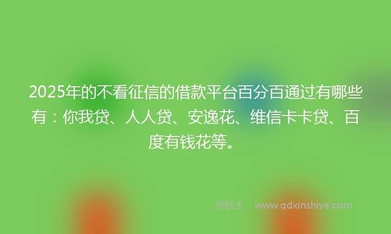 2025年的不看征信的借款平台百分百通过有哪些有：你我贷、人人贷、安逸花、维信卡卡贷、百度有钱花等。