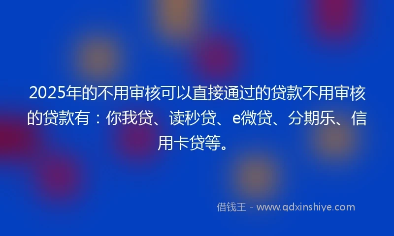 2025年的不用审核可以直接通过的贷款不用审核的贷款有：你我贷、读秒贷、e微贷、分期乐、信用卡贷等。