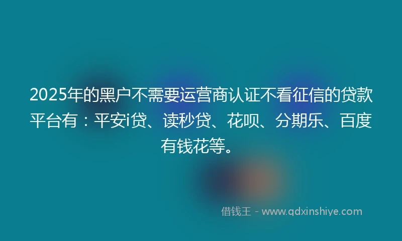 2025年的黑户不需要运营商认证不看征信的贷款平台有：平安i贷、读秒贷、花呗、分期乐、百度有钱花等。
