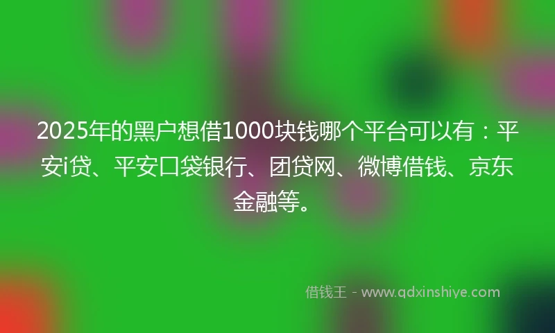 2025年的黑户想借1000块钱哪个平台可以有：平安i贷、平安口袋银行、团贷网、微博借钱、京东金融等。