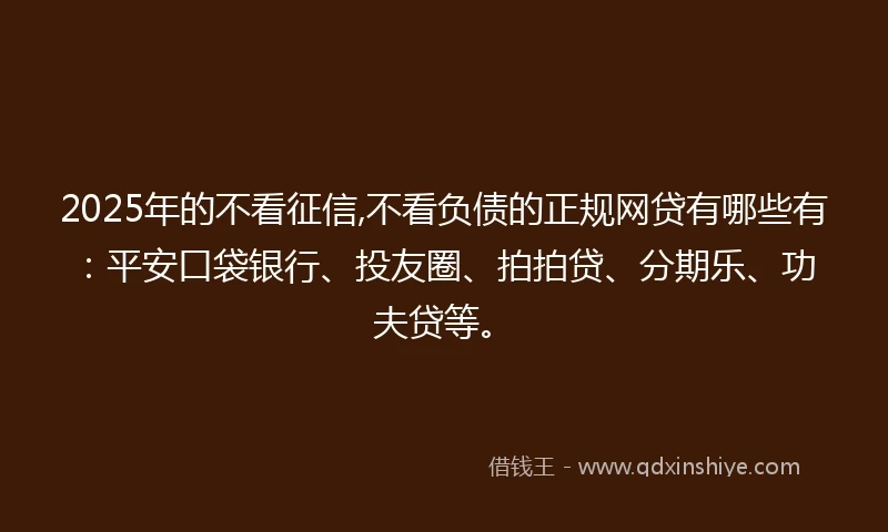 2025年的不看征信,不看负债的正规网贷有哪些有：平安口袋银行、投友圈、拍拍贷、分期乐、功夫贷等。