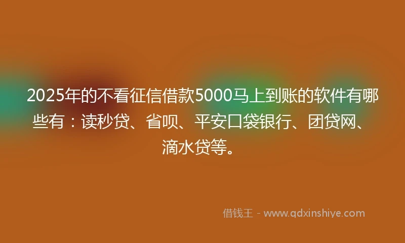 2025年的不看征信借款5000马上到账的软件有哪些有：读秒贷、省呗、平安口袋银行、团贷网、滴水贷等。
