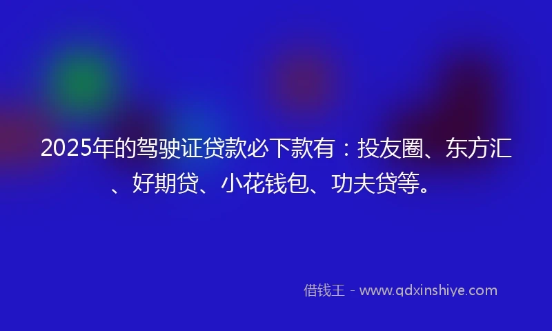2025年的驾驶证贷款必下款有：投友圈、东方汇、好期贷、小花钱包、功夫贷等。