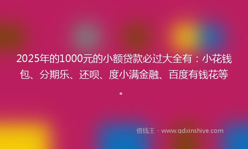 2025年的1000元的小额贷款必过大全有：小花钱包、分期乐、还呗、度小满金融、百度有钱花等。