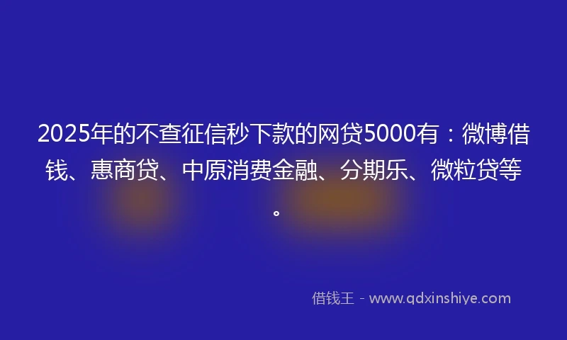 2025年的不查征信秒下款的网贷5000有：微博借钱、惠商贷、中原消费金融、分期乐、微粒贷等。